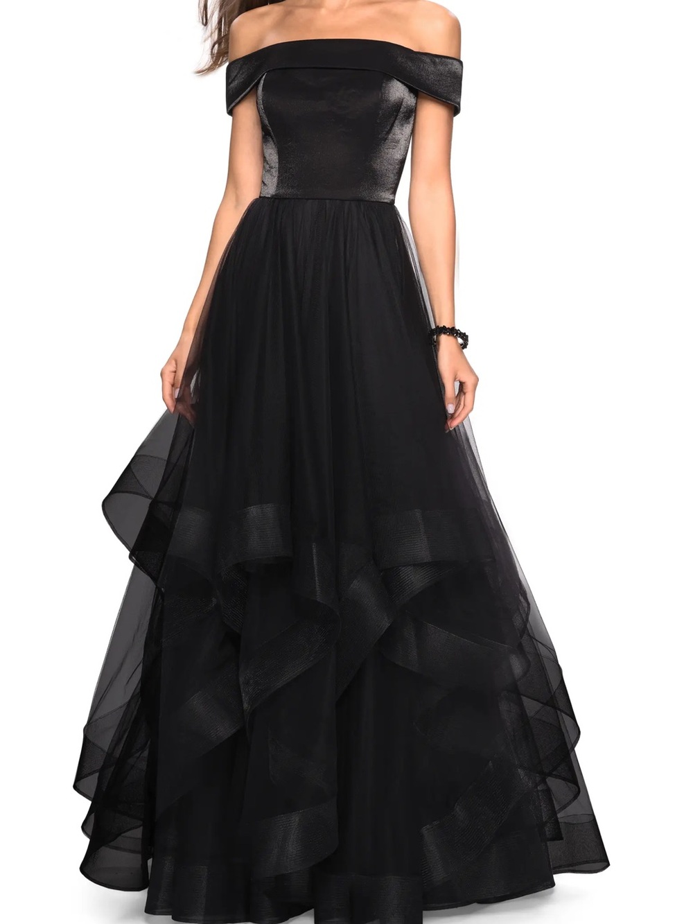 La Femme Black Strapless Tulle Prom Gown